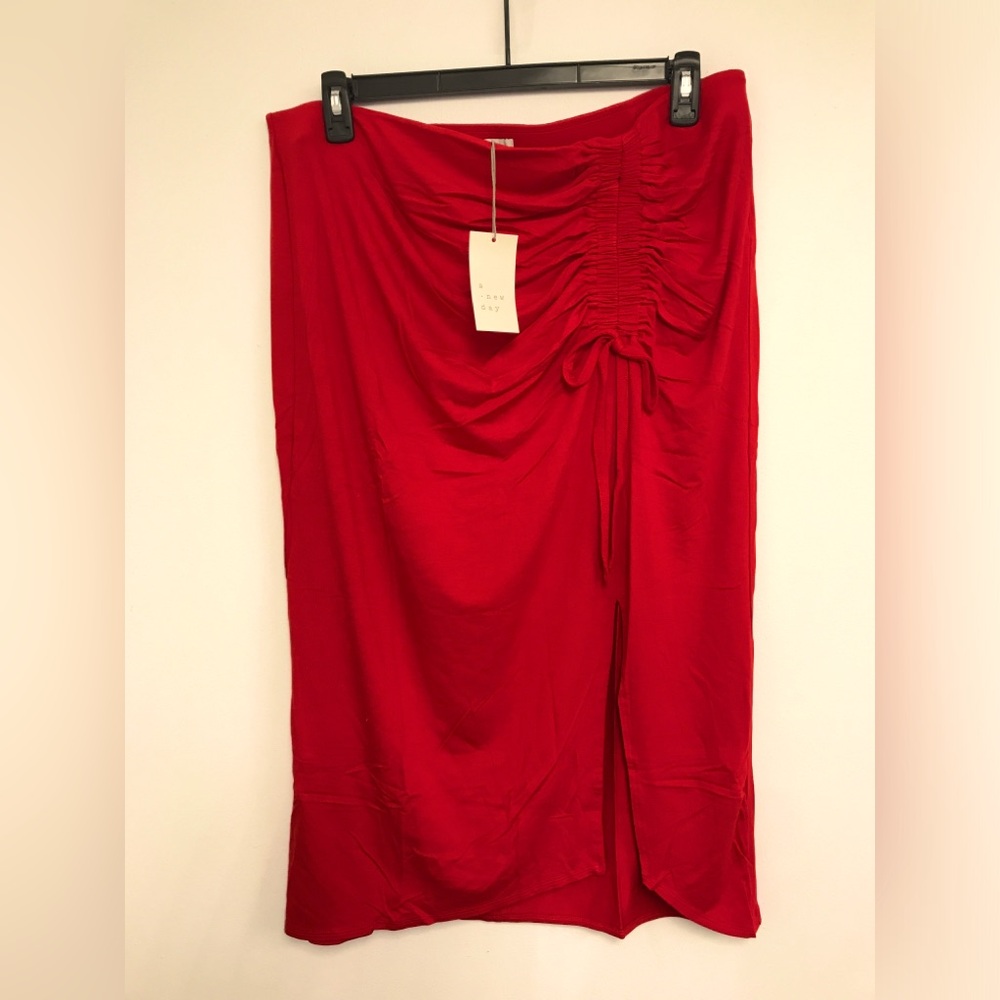 Red Midi Skirt Side Ruched A new Day XL - Picture 2 of 5